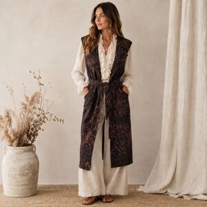 Solitaire Paisley Longline Duster Vest Womens Size M Black Belted Boho Chic